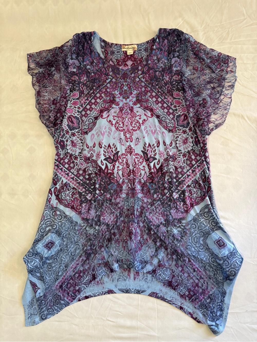 Printed Short Sleeve Tunic Top - Blue Purple
